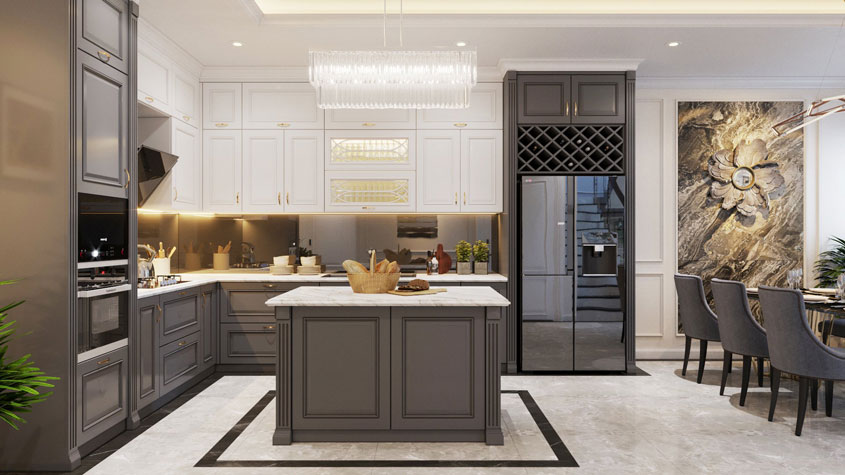 Mẫu thiết kế biệt thự Tân cổ điển 3 tầng mái nhật 250m2 7 Phòng bếp cũng được anh Huy yêu cầu để tạo sự hài hòa với phong khách