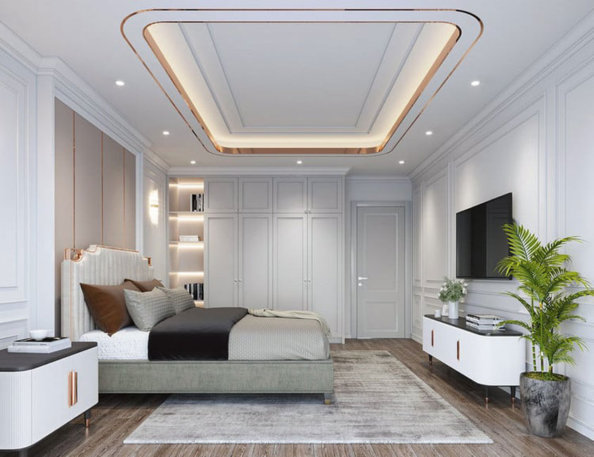 Mẫu thiết kế biệt thự Tân cổ điển 3 tầng mái nhật 250m2 8 Phòng ngủ vẫn theo gam màu trắng và ghi nhẹ nhàng, kết hợp đèn âm trần tạo điểm nhấn