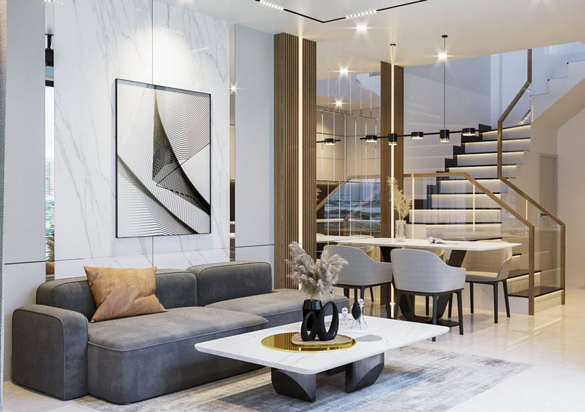 Mẫu thiết kế biệt thự Tân cổ điển 3 tầng mái nhật 250m2 6 Phần nội thất phòng khách được gia chủ lựa chọn theo hướng đơn giản tinh tế