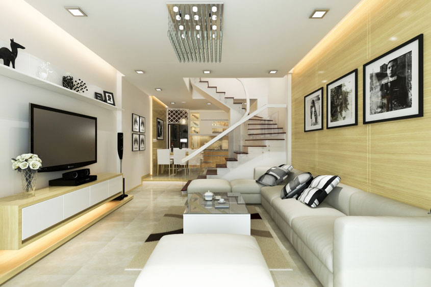 Mẫu thiết kế nhà ống 2 tầng 85m2 tân cổ điển mái Thái 7 Nội thất khu vực phòng khách căn nhà được anh Phương lựa chọn