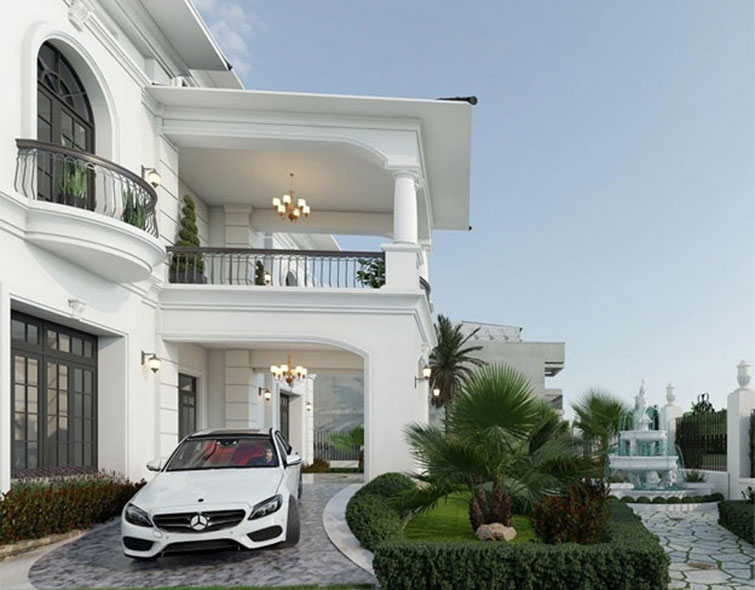 Mẫu thiết kế biệt thự tân cổ điển 2 tầng mái Nhật 500m2 4 Sảnh trước có khu vực di chuyển lên xuống cho xe oto đẳng cấp sang trọng