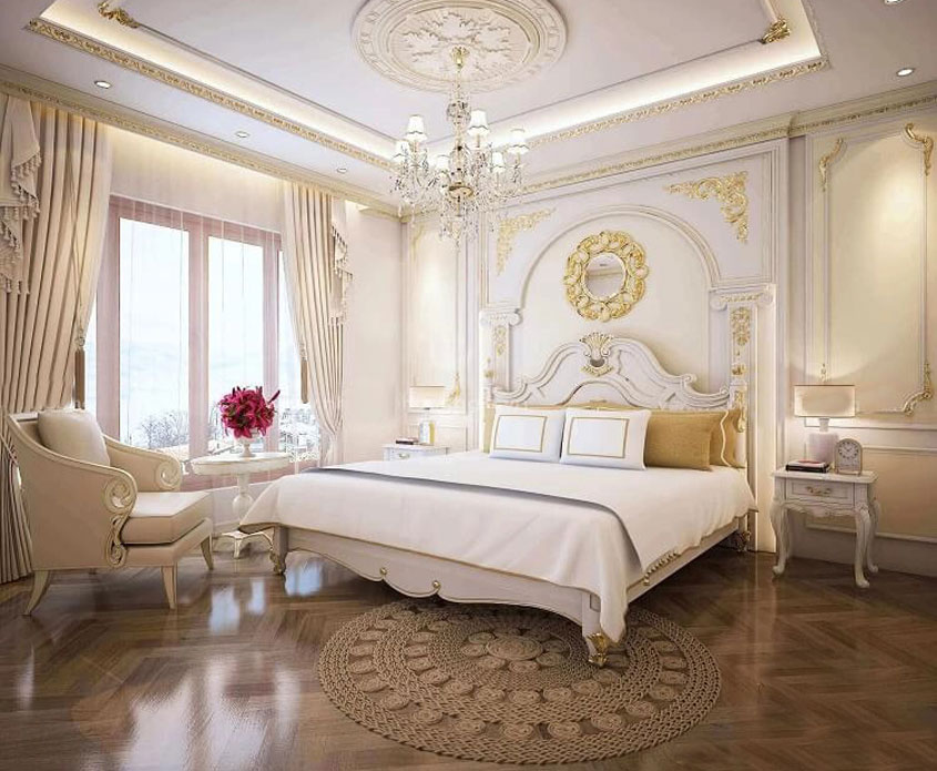 Mẫu thiết kế biệt thự tân cổ điển 2 tầng mái Nhật 500m2 8 Mỗi phòng ngủ được thiết kế với gam màu trắng điểm nhấn các họa tiết màu vàng