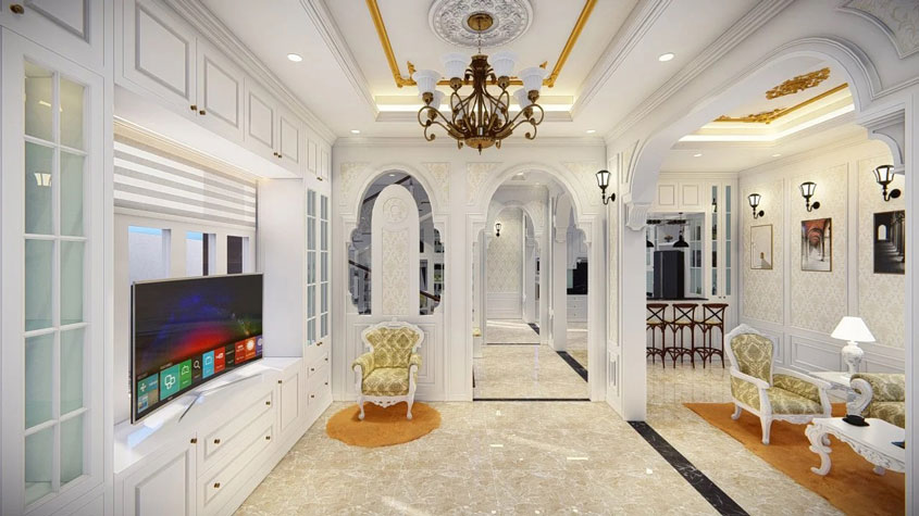 Mẫu thiết kế biệt thự tân cổ điển 2 tầng mái Nhật 500m2 6 Nội thất phòng khách căn biệt thự được thiết kế sang trọng với hệ sofa và đèn trùm tinh tế