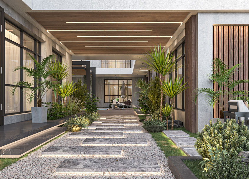 Thiết kế biệt thự 2 tầng hiện đại mái bằng 200m2 anh Thạo tỉnh Phú Thọ - ATZ BT2004 5 Đường dẫn vào biệt thự được rải sỏi và sắp xếp phiến đá tinh tế