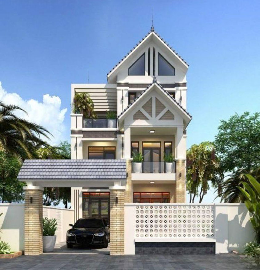 Ý tưởng thiết kế biệt thự 3 tầng kiểu mái Thái có gara oto