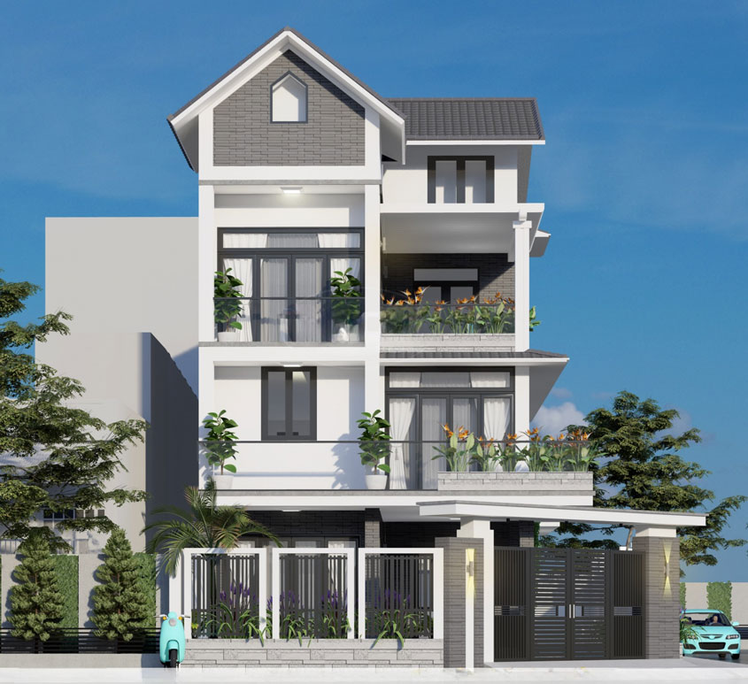 Thiết kế biệt thự 3 tầng mái Thái có gara tiện nghi theo phong cách hiện đại