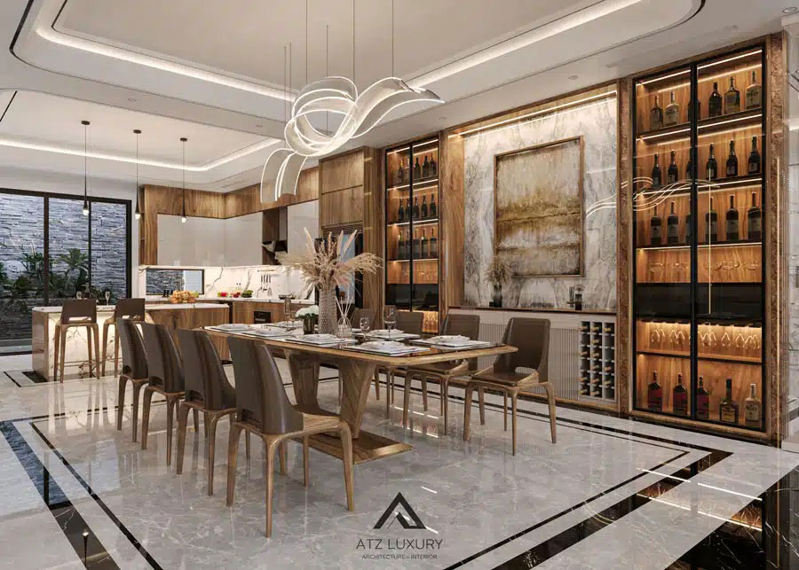 Biệt thự gỗ óc chó cao cấp, siêu biệt thự 3 tầng 180m2 - ATZ BT3004 12 Không gian phòng bếp, bàn ăn và tủ rượu từ gỗ óc chó