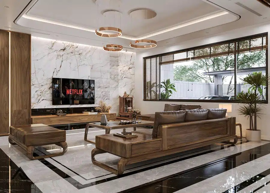 Biệt thự gỗ óc chó cao cấp, siêu biệt thự 3 tầng 180m2 - ATZ BT3004 9 Nội thất phòng khách bếp biệt thự gỗ óc chó