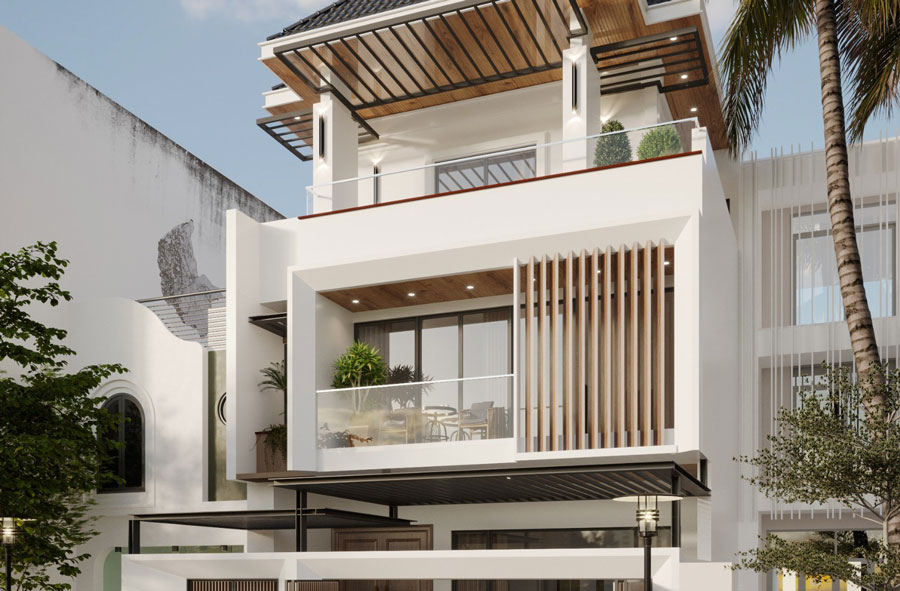 Biệt thự gỗ óc chó cao cấp, siêu biệt thự 3 tầng 180m2 - ATZ BT3004 4 Thiết kế lam che bằng gỗ tự nhiên độc đáo ấn tượng
