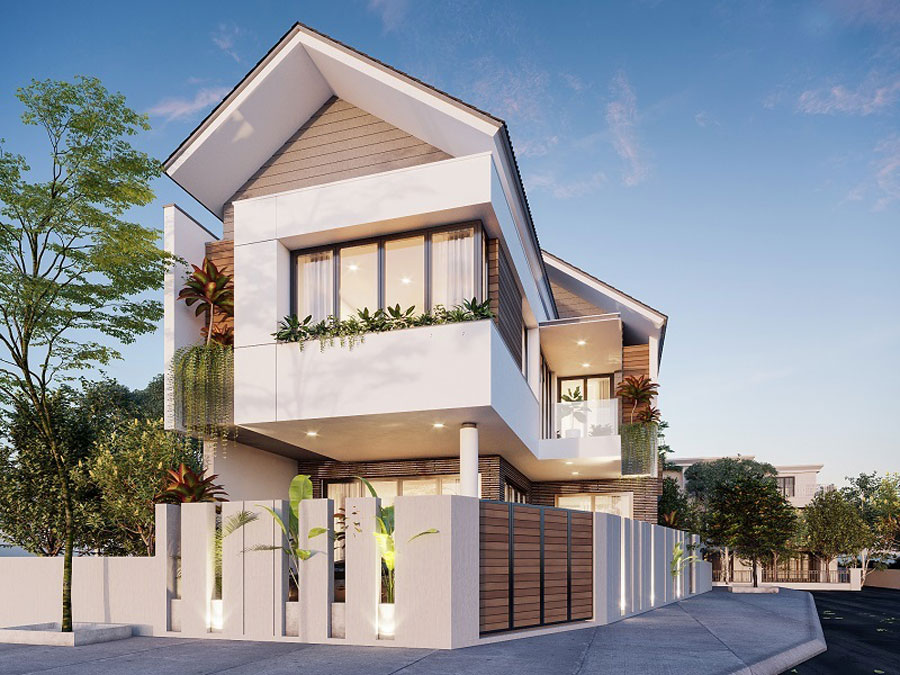Mẫu nhà phố 2 tầng 2 mặt tiền thiết kế hiện đại trẻ trung