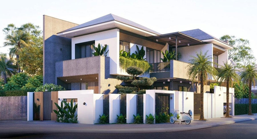 Thiết kế nhà phố đẹp 2 mặt tiền theo hình chữ L cho không gian thoáng đãng