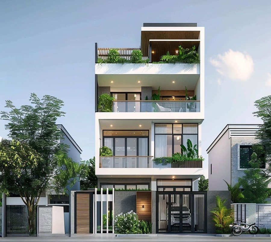 Phối cảnh mẫu nhà phố 3 tầng 1 tum phong cách hiện đại