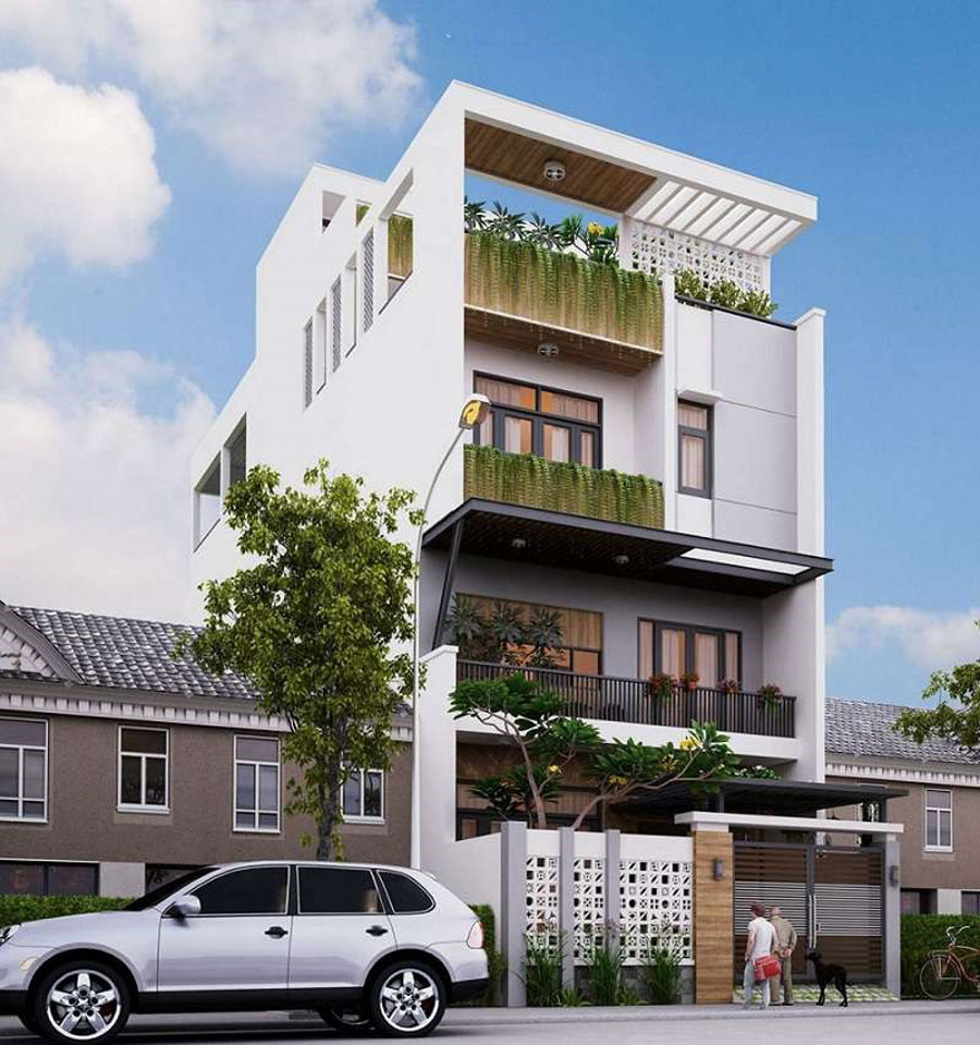 Bản vẽ nhà phố 8x12m mái bằng thiết kế phong cách hiện đại