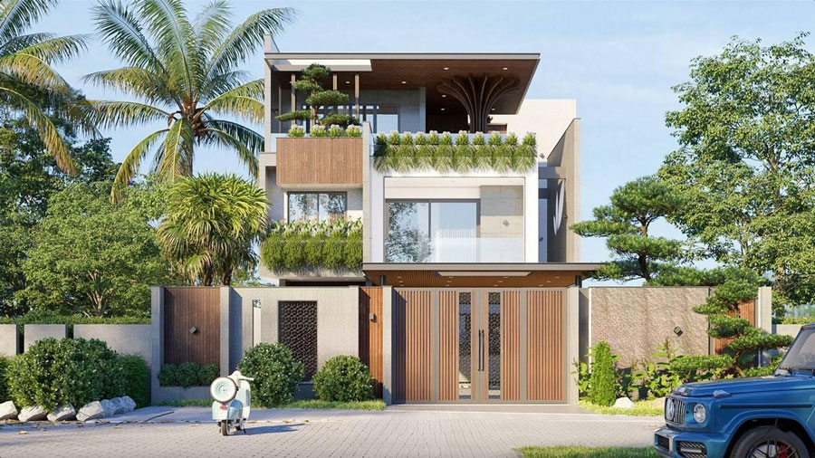 Mẫu nhà phố hiện đại mặt tiền 9m không gian xanh tự nhiên