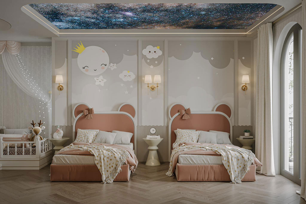 Mẫu biệt thự tân cổ điển 4 tầng anh chị Huy Hạnh tại Ninh Hiệp 18 Nội thất phong ngủ cho hai bé