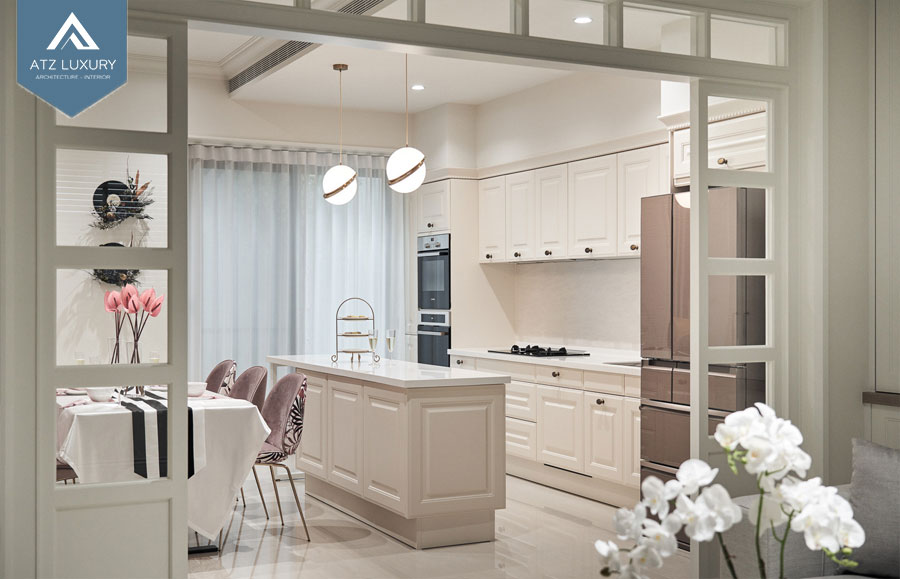 Mẫu thiết kế biệt thự 2 tầng mái Thái 120m2 7 Thiết kế phòng bếp nội thất thanh lịch, tiện nghi và thoải mái
