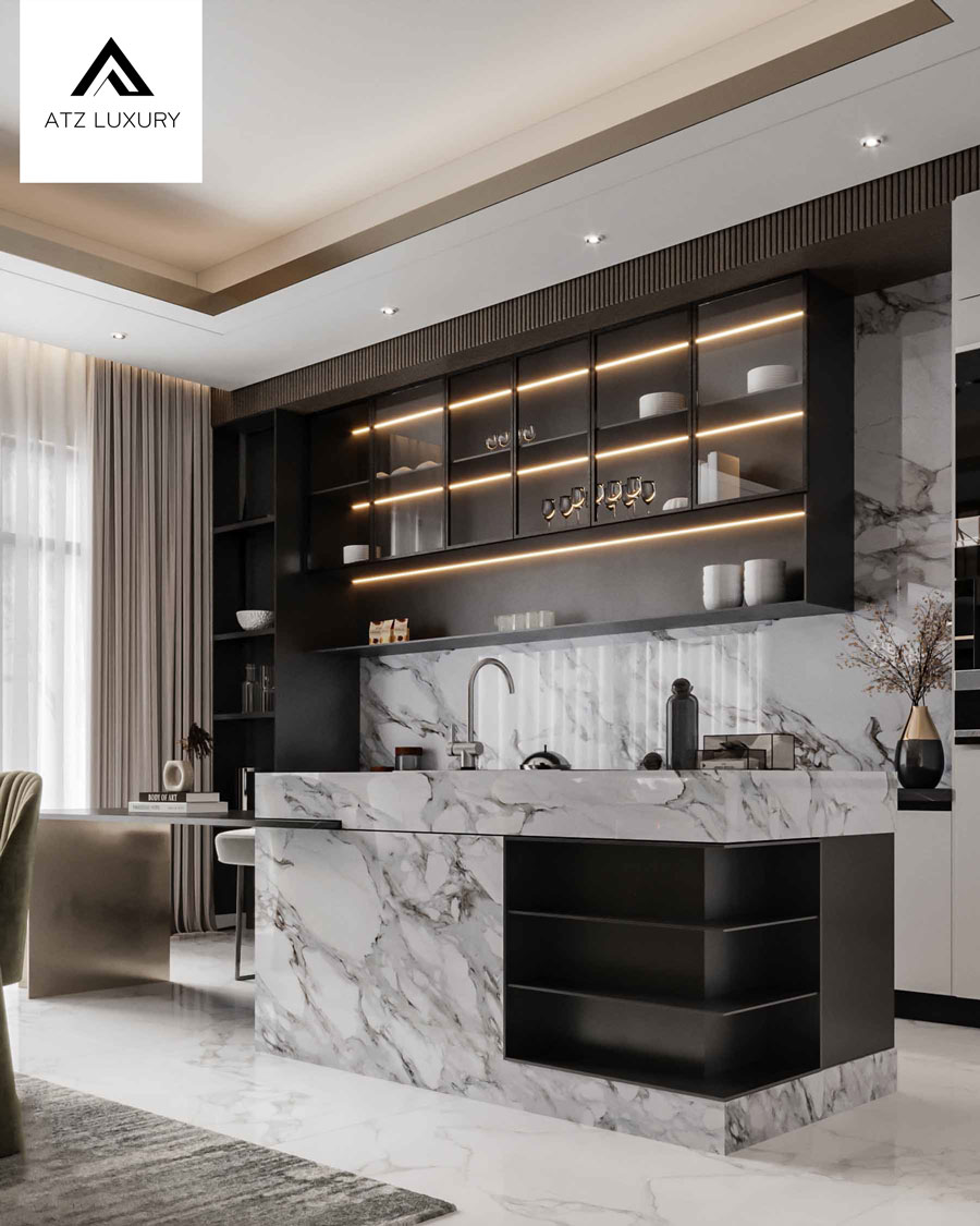 Mẫu biệt thự 2 tầng rộng 9m có 4 phòng ngủ hiện đại tiện nghi 15 Quầy bếp và bản đảo bếp
