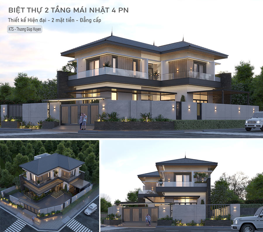 Thiết kế biệt thự 2 tầng mái Nhật 4 phòng ngủ