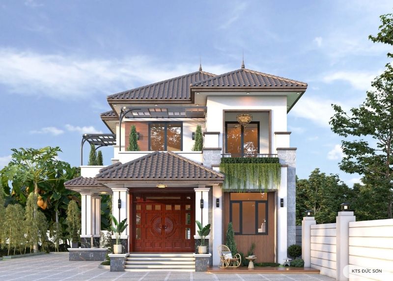 Mẫu thiết kế biệt thự 2 tầng phòng thờ tầng 1 đẹp ấn tượng, tiện nghi 1 biệt thự 2 tầng phòng thờ tầng 1
