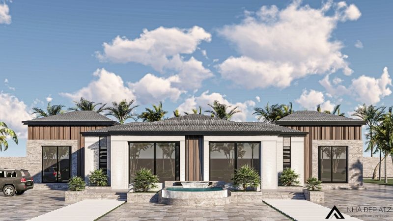 Mẫu thiết kế biệt thự nghỉ dưỡng 1 tầng có bể bơi 4 phòng ngủ BT251239 1 biệt thự nghỉ dưỡng 1 tầng có bể bơi 4 phòng ngủ